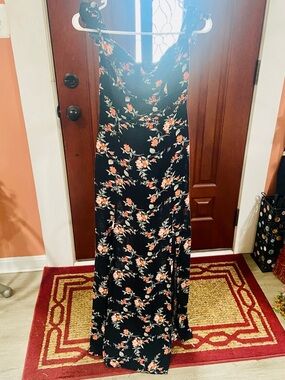 Forever 21 Black Floral Maxi Dress with Pink and Cream Flowers